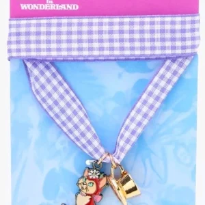 Disney Alice In wonderland Dinah and Teacup Purple Gingham Ribbon Necklace